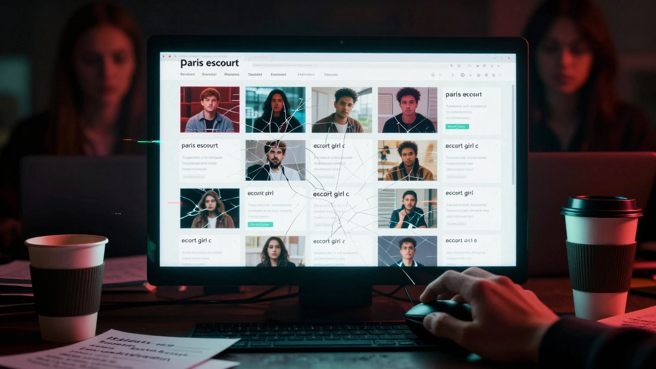 A computer screen displaying fake escort websites with misspelled keywords, surrounded by clutter and glowing neon text.