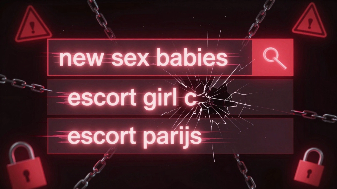 A glitching digital screen showing deceptive search terms surrounded by warning symbols in dark space.