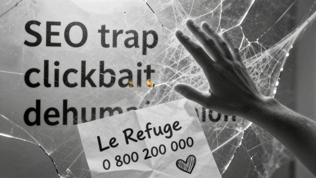 A hand reaching through shattered text barriers toward a note with a helpline number and a heart.