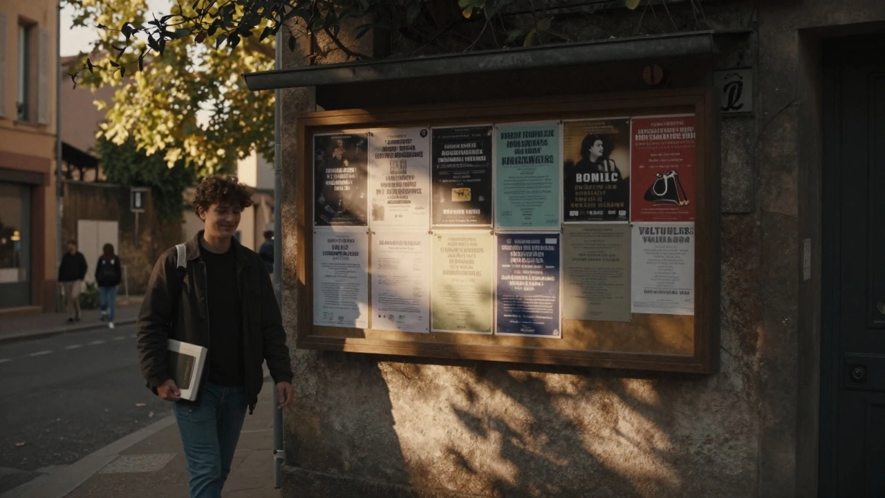 A person walking toward sunlight on a Toulouse street, passing a notice board with community event flyers.