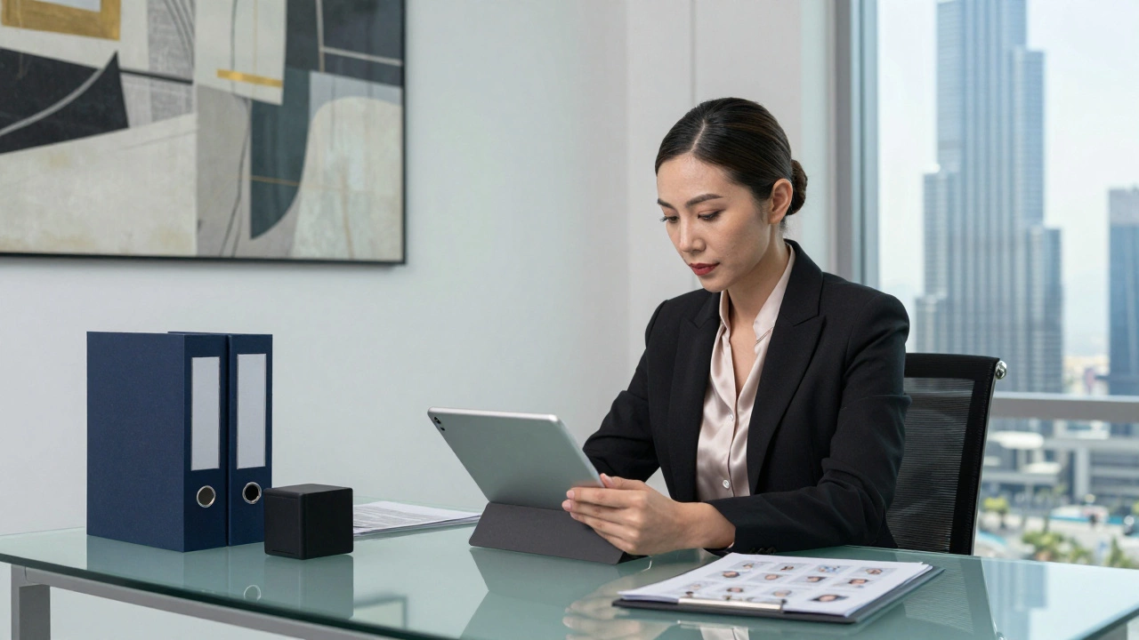A professional woman reviewing client profiles in a sleek Dubai office with modern decor and city views.