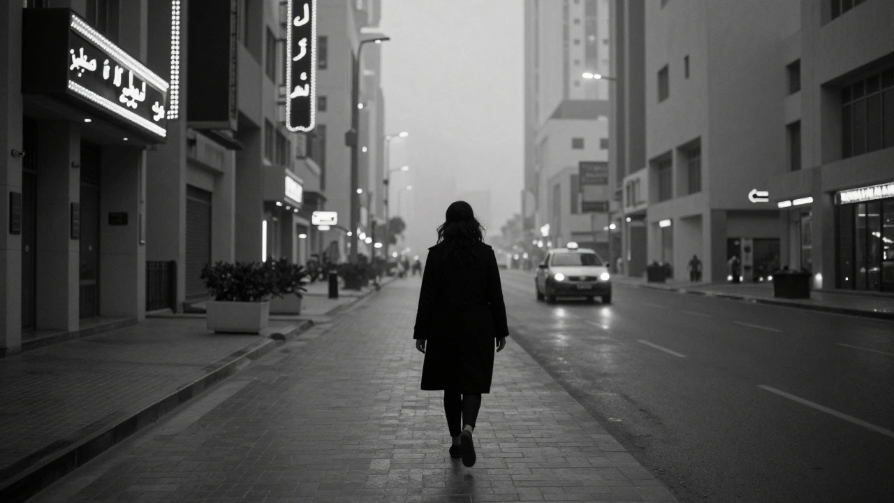 A solitary woman walking away from a luxury hotel in Dubai at dawn, surrounded by quiet urban stillness.
